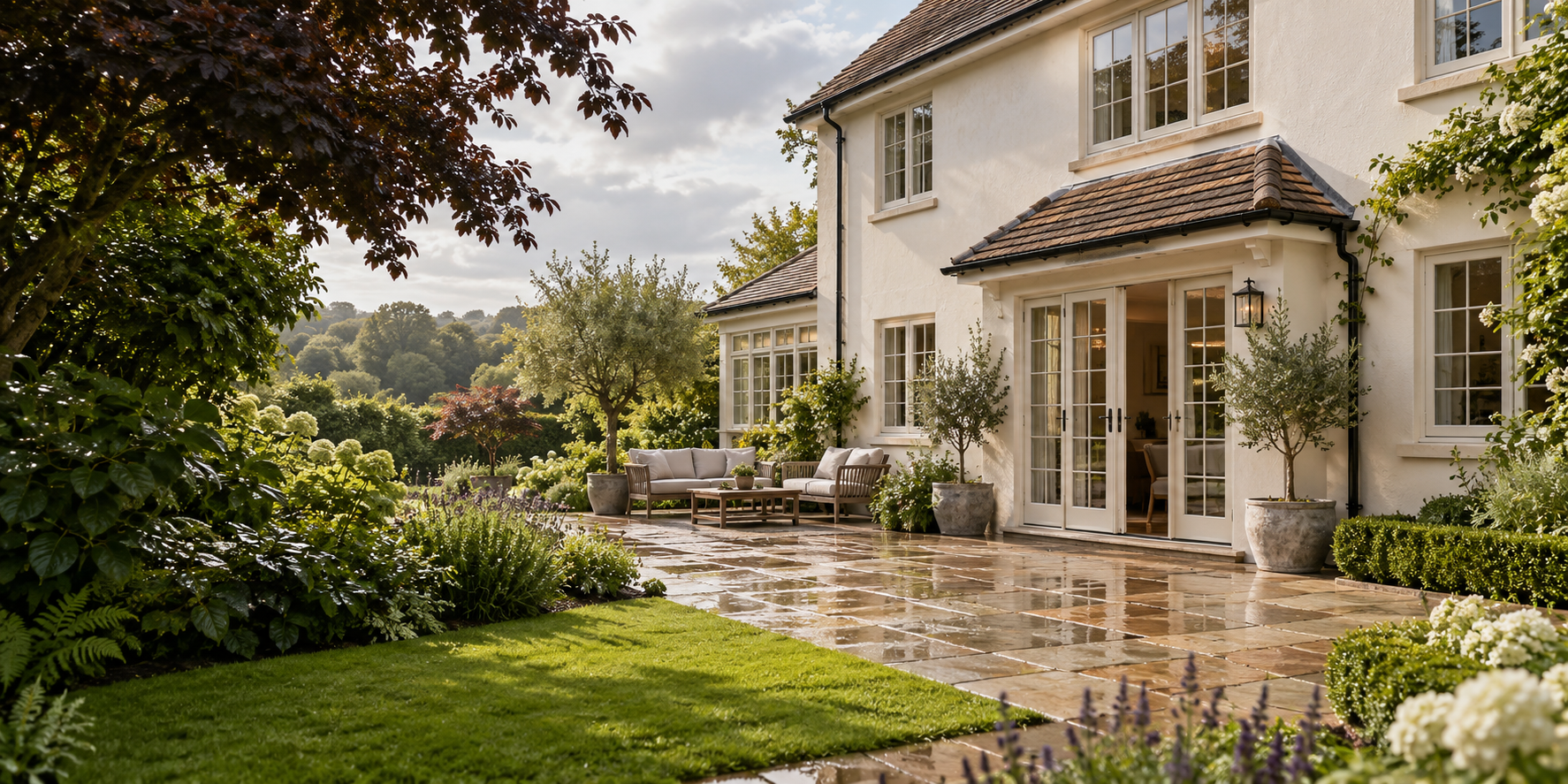 Illustrative clean patio and garden