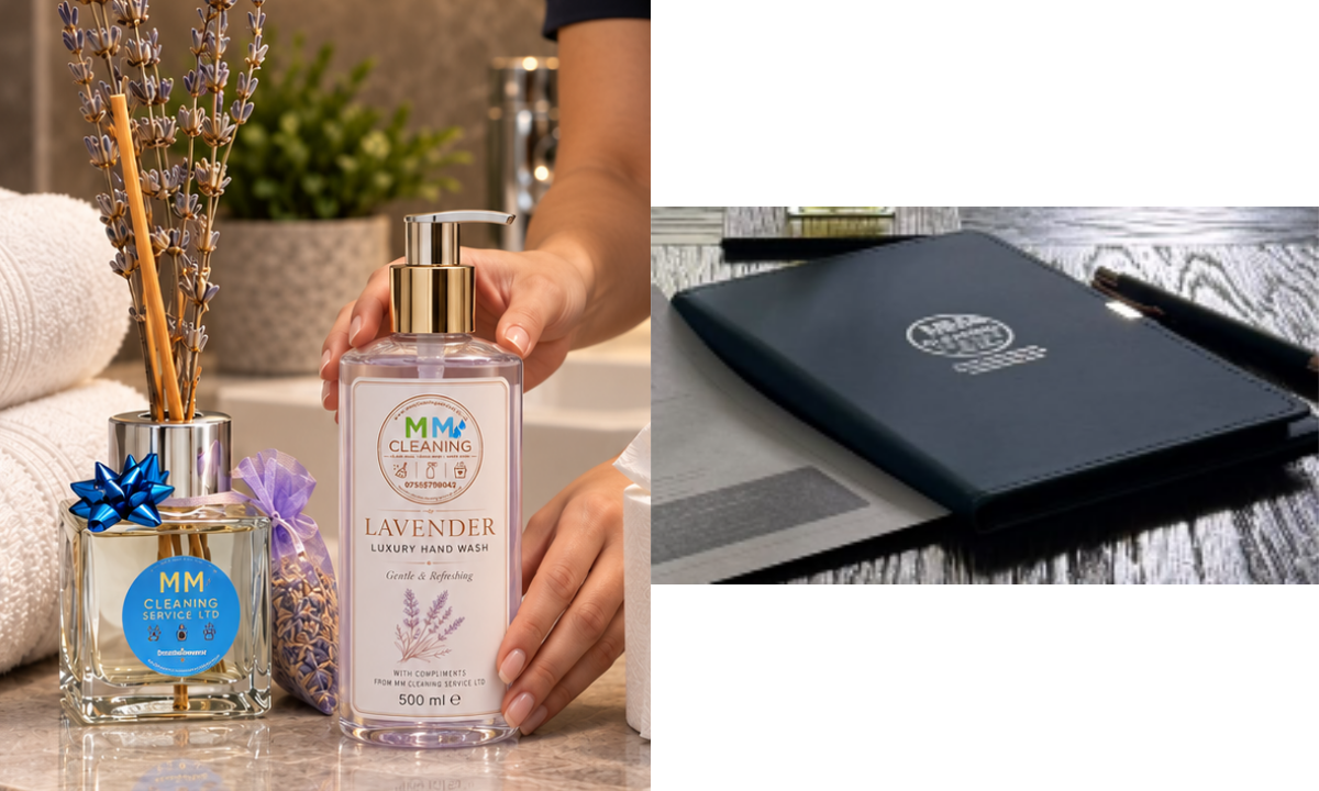 Previously created MM brand artwork showing Lavender hand wash, reed diffuser, client notebook and pen